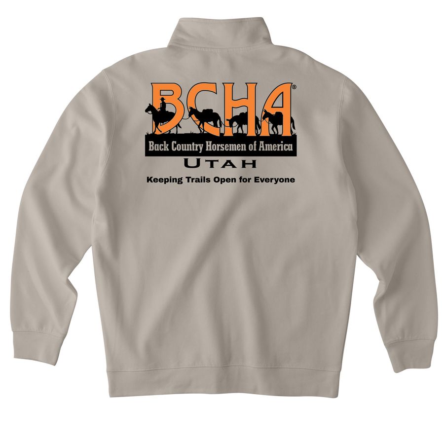 BCHU Mountain Ridge Merch, a Cement Midweight Quarter Zip Pullover (back-view)