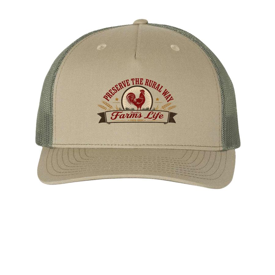 PRESERVE THE RURAL WAY HATS, a Pale Khaki/ Loden Green Printed Five-Panel Trucker Cap