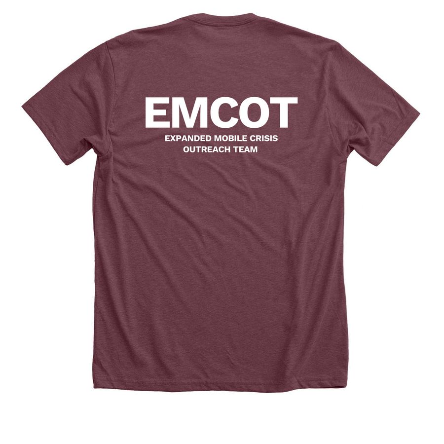 Updated Limited Edition EMCOT apparel (vW2), a Heather Maroon Premium Unisex Tee (back-view)