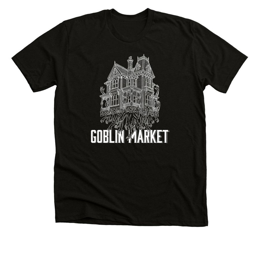 Goblin Market - Spooky House Logo, a Black Heather Premium Unisex Tee