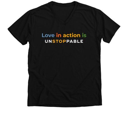 LOVE IN ACTION IS UNSTOPPABLE, a Solid Black Blend Premium V-Neck Tee