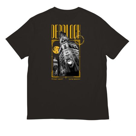 Deadlock Night Shift Hoodie, a Deep Black All-American Unisex Tee (back-view)