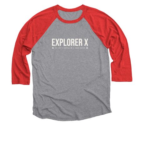 Explorer X Gear, a Red and Premium Heather 3/4 Sleeve Baseball Tee