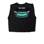 The Spot (Car Cruise In LLC) Merch, a True Black Women's Heavyweight Garment Dye Muscle Tee (back-view)