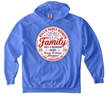 2026 Mullis Family Reunion, a Flo Blue Comfort Colors Pullover Hoodie