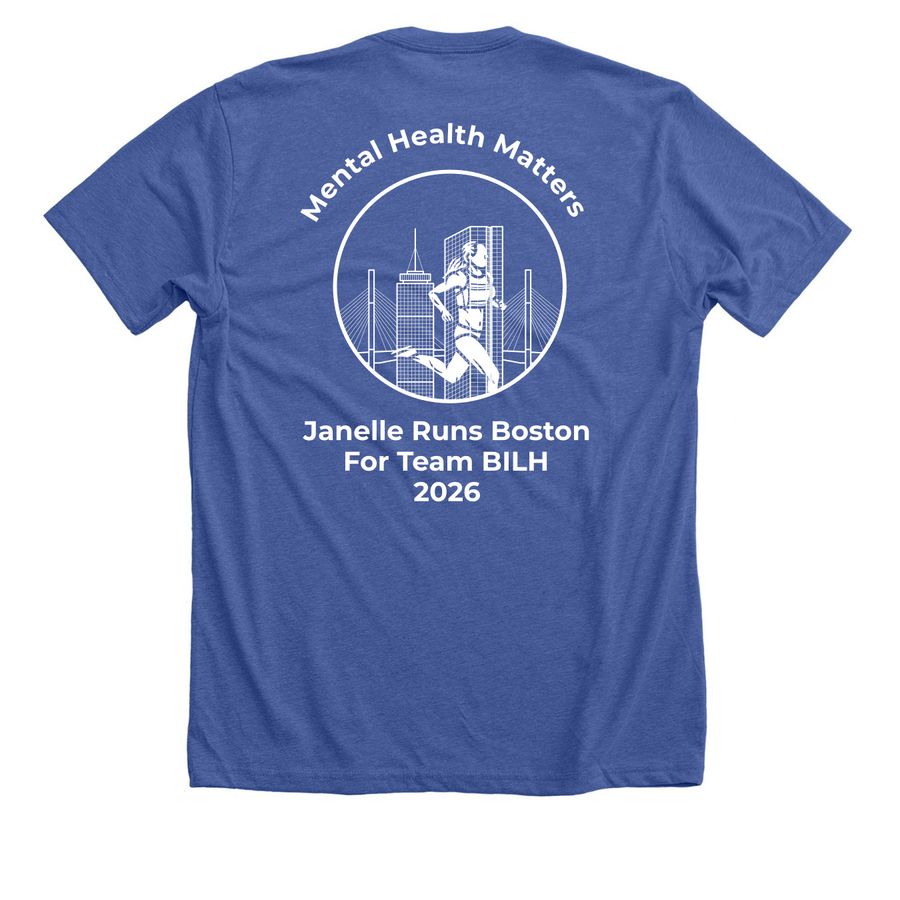 Janelle Runs Boston 2026, a Solid True Royal Premium Unisex Tee (back-view)