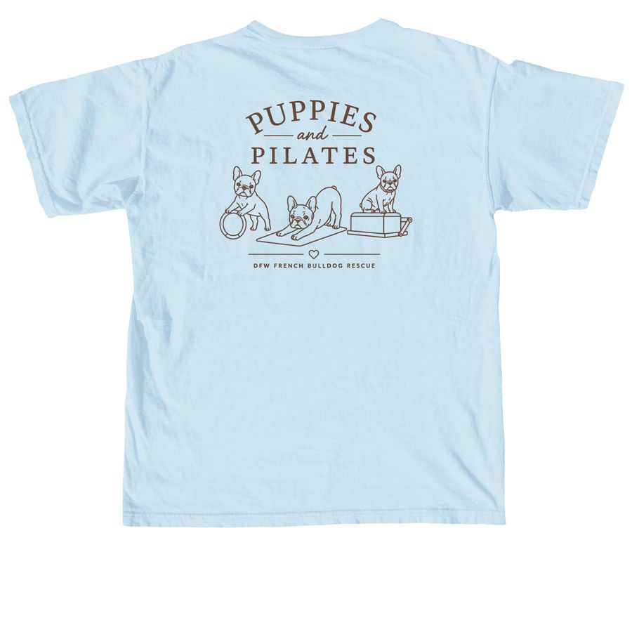 Puppies & Pilates Frenchie Fundraiser, a Chambray Comfort Colors Unisex Tee (back-view)