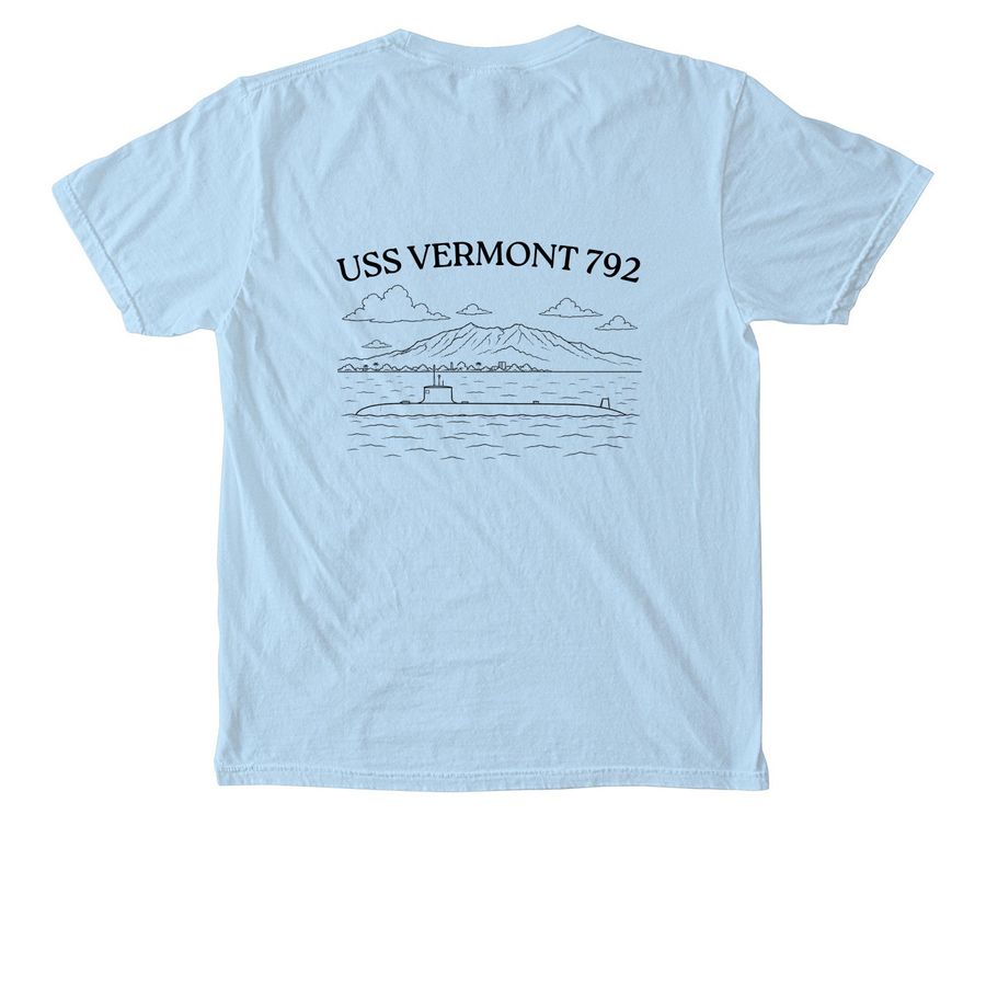 USS Vermont Landscape Pocket Shirts, a Chambray Comfort Colors Pocket Tee (back-view)