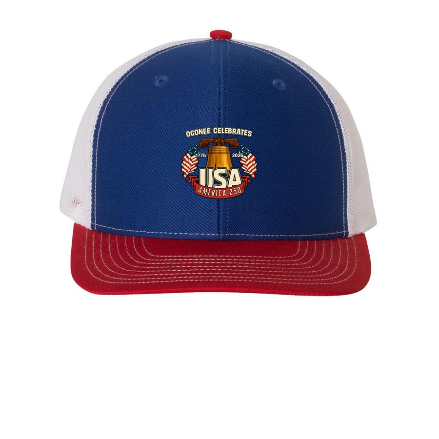 Oconee celebrates America 250!, a Royal/ White/ Red Printed Snapback Trucker Cap
