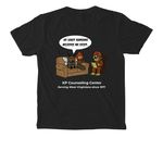 KP Logo on the front, cryptids on back, a Black Comfort Colors Pocket Tee (back-view)