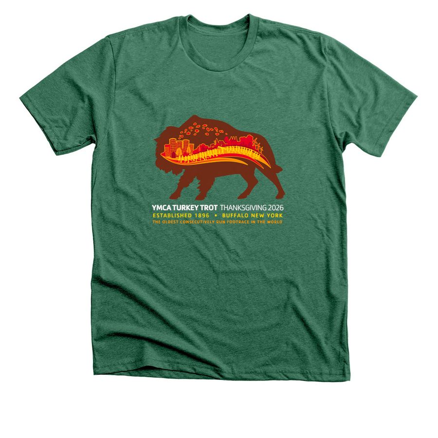 131st Annual YMCA Turkey Trot T Shirt, a Heather Grass Green Premium Unisex Tee