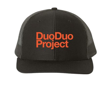 Duo Duo Project Caps (orange logo), a Black Printed Snapback Trucker Cap