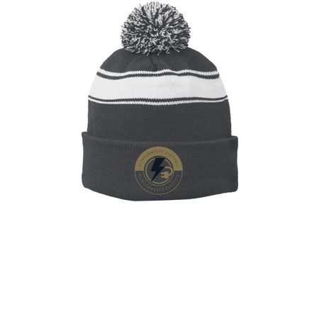 Beanies, a Iron Grey/ White Printed Stripe Pom-Pom Beanie