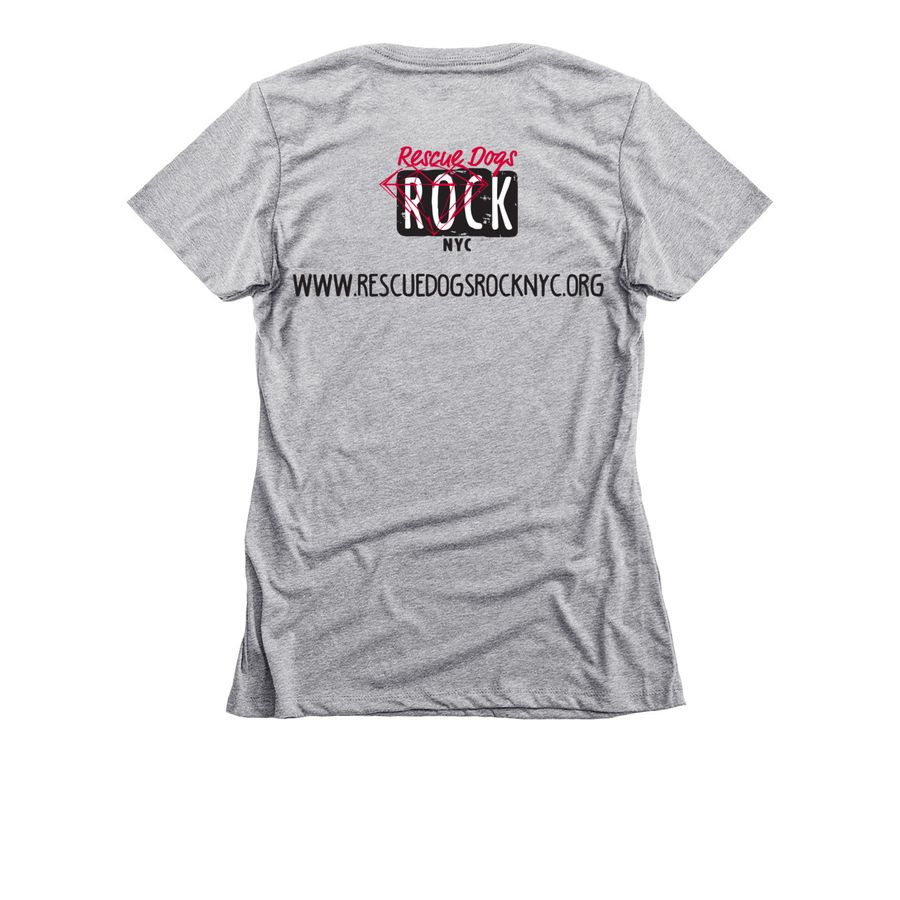 peace. love. rescue., a Dark Heather Grey Women's Slim Fit Tee (back-view)