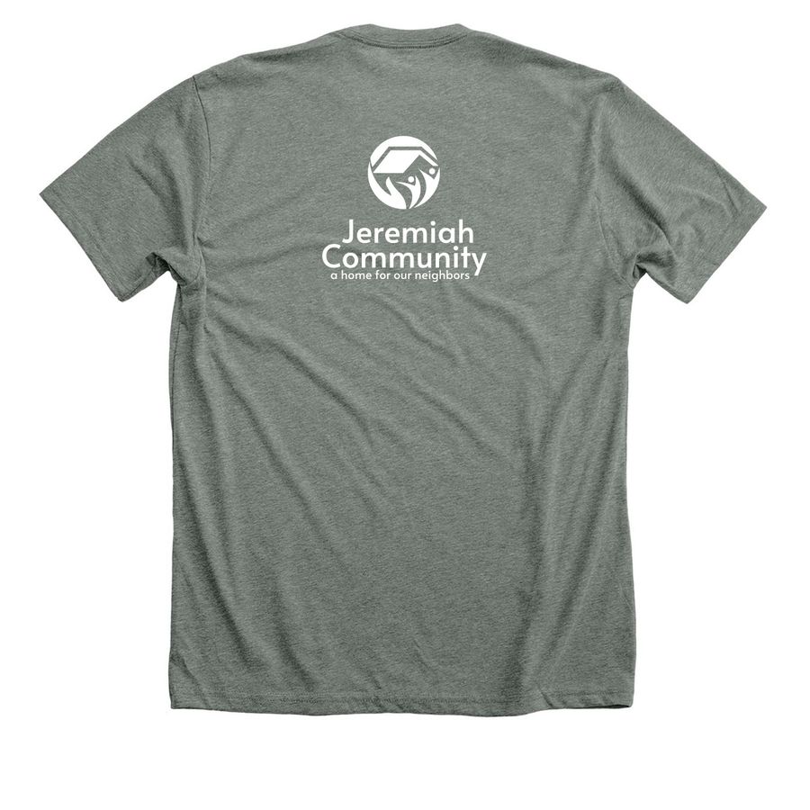 A Community Building Home, a Deep Heather Premium Unisex Tee (back-view)