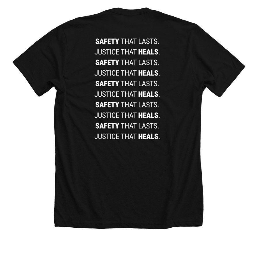 Safety and Justice in California, a Solid Black Blend Premium Unisex Tee (back-view)