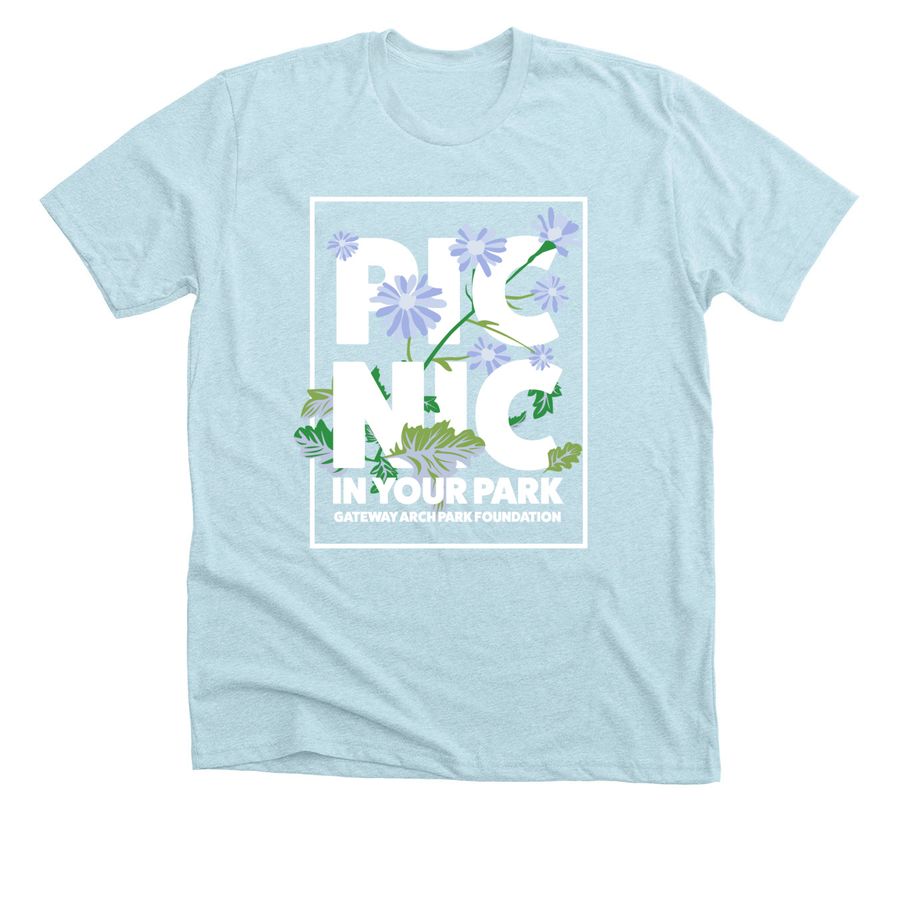 Picnic in Your Park- Blue Flowers, a Heather Ice Blue Premium Unisex Tee
