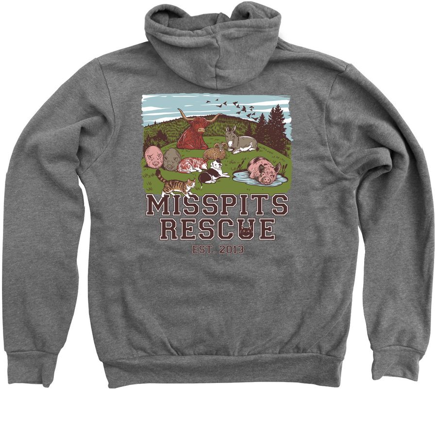 MISSPITS RESCUE Est. 2013, a Deep Heather Zip Up Hoodie (back-view)