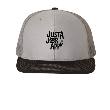 Hire Me Plz Hat (Black Logo), a Grey/ Charcoal/ Black Printed Snapback Trucker Cap