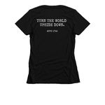 Start a Holy Ruckus, a Black Women's Slim Fit Tee (back-view)