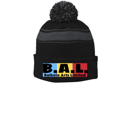 Balkoia Arts Limited, a Black/ Iron Grey Printed Stripe Pom-Pom Beanie