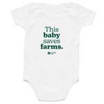 This Baby Saves Farms, a White Infant Onesie (back-view)