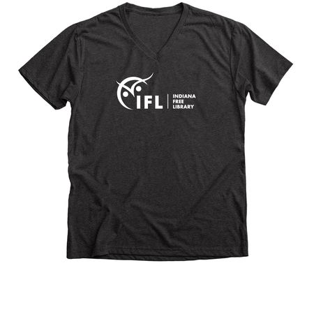 Indiana Free Library Logo (Front & Back), a Dark Grey Heather Premium V-Neck Tee