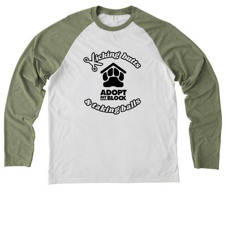 Kicking Butts & Taking Balls (Dark), a Olive You Green/ Bright White Allmade Eco Triblend Colorblock Raglan Long Sleeve Tee