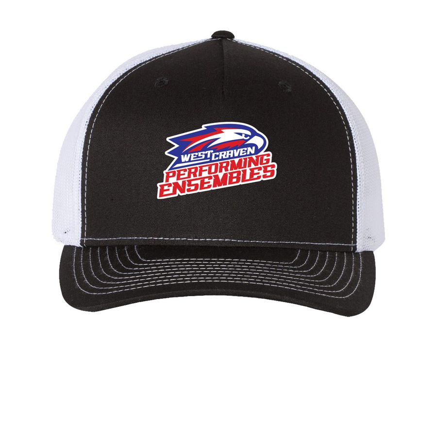 WCHS Performing Ensembles Hats, a Black/ White Printed Five-Panel Trucker Cap