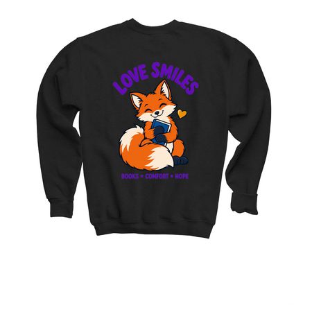 Love Smiles: Books, Comfort & Hope, a Black Youth Crewneck Sweatshirt (back-view)