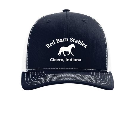 Red Barn Stables Trucker Cap, a Navy/ White Printed Snapback Trucker Cap