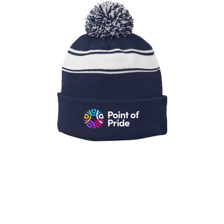 Point of Pride logo beanie, a True Navy/ White Printed Stripe Pom-Pom Beanie
