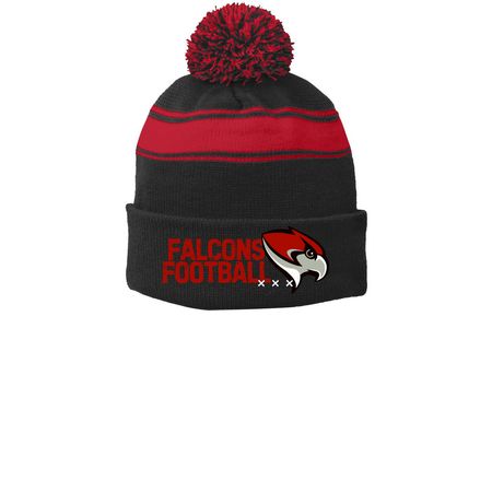 Two Tone Beanie with Pom-pom, a Black/ True Red Printed Stripe Pom-Pom Beanie