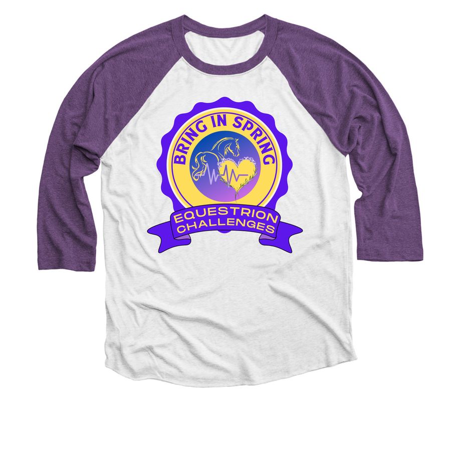 Bring In Spring Purple Logo, a Purple Rush and Heather White 3/4 Sleeve Baseball Tee