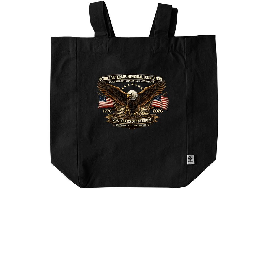 Oconee Veterans Memorial Celebrates 250&nbsp;, a Black Recycled Cotton Tote Bag