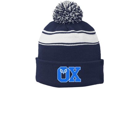 Ox Beanie, a True Navy/ White Printed Stripe Pom-Pom Beanie