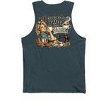 Powered by Coffee and Fabric, a Dark Grey Premium Cotton Tank (back-view)