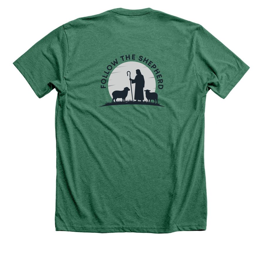 Follow the Shepherd RFK 204, a Heather Grass Green Premium Unisex Tee (back-view)