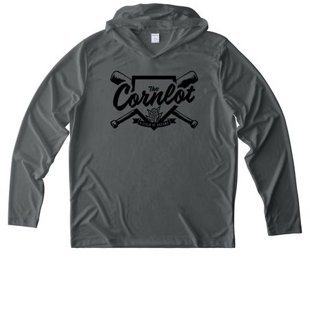 The Cornlot Long Sleeve Sports (Blk Print), a Dark Smoke Grey UV Performance Long Sleeve Hoodie