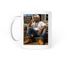 He scares away stress with coffee, a White Coffee Mug (back-view)