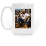 He scares away stress with coffee, a White Large Coffee Mug (back-view)