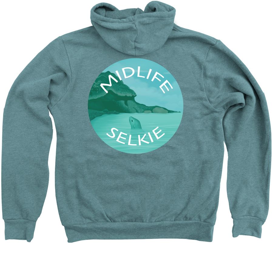 Midlife Selkie Limited Drop, a Heather Deep Teal Zip Up Hoodie (back-view)