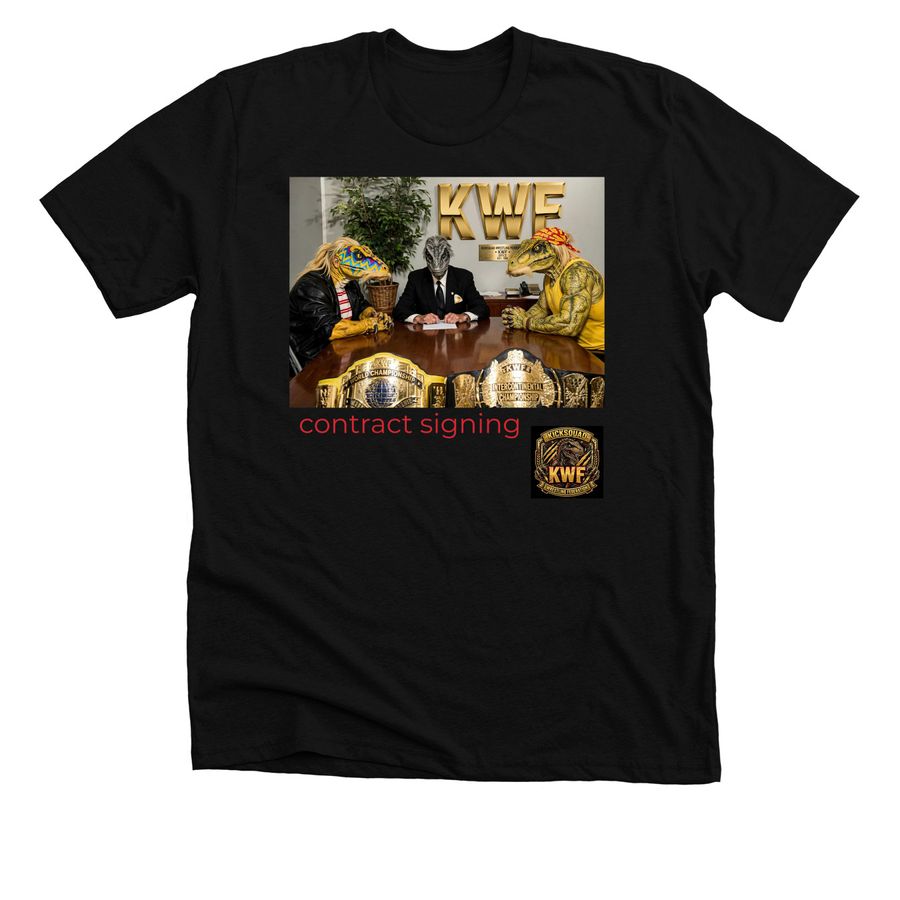 contract signing for raptormania 6 tees, a Solid Black Blend Premium Unisex Tee