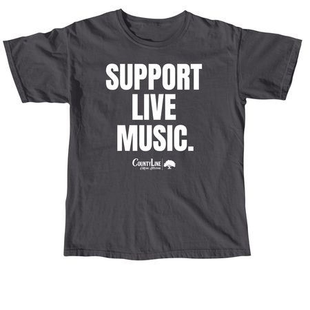 Support Live Music (White Text), a Graphite Comfort Colors Unisex Tee