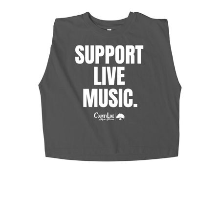 Support Live Music (White Text), a Faded Black Women's Heavyweight Garment Dye Muscle Tee