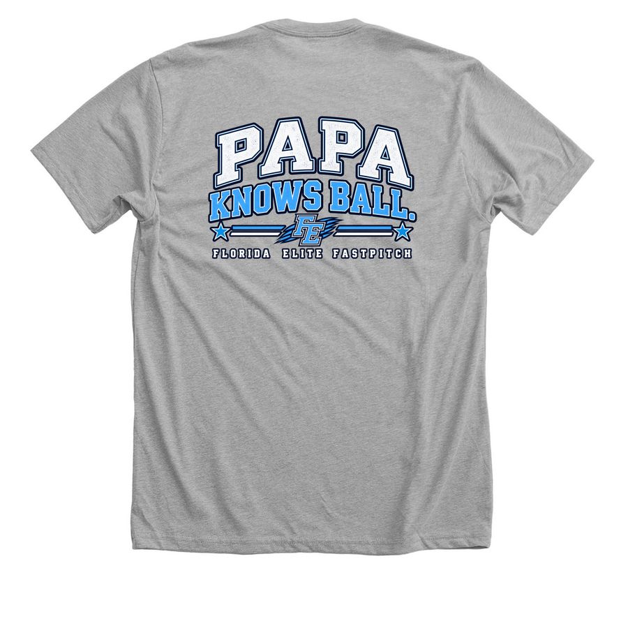 Papa Knows Ball, a Athletic Heather Premium Unisex Tee (back-view)