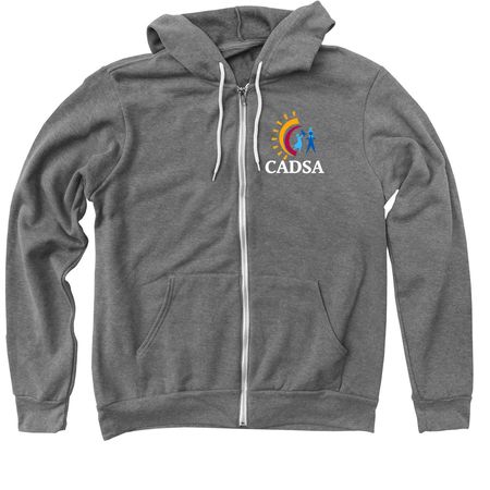 Color logo on dark colors, a Deep Heather Zip Up Hoodie
