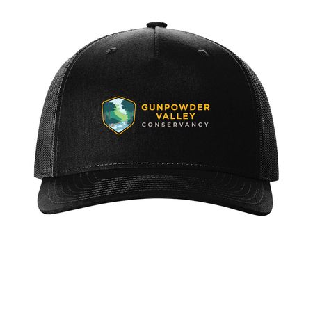 Printed Hats, a Black Printed Five-Panel Trucker Cap