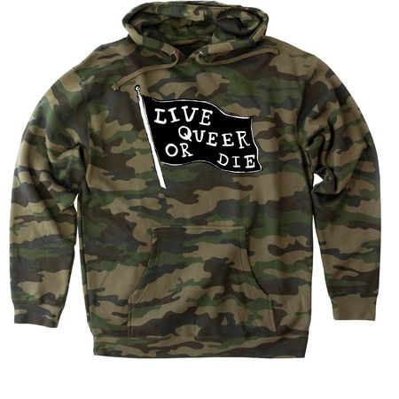 Live Queer Or Die - Version 2, a Forest Camo Heavyweight Camo Pullover Hoodie