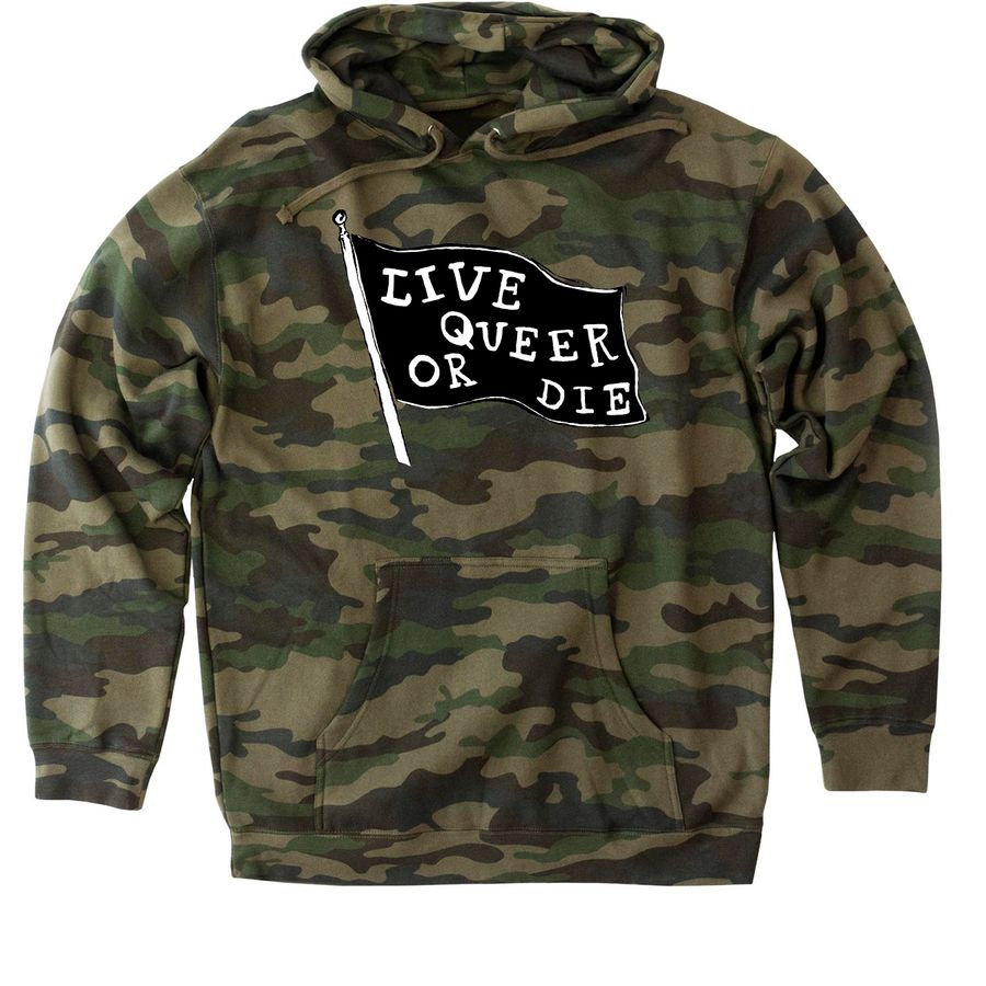 Live Queer Or Die - Version 2, a Forest Camo Heavyweight Camo Pullover Hoodie
